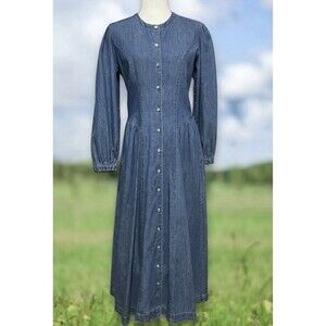 Long Denim Button Front Prairie Dress Vintage Folk Fashion Size 8